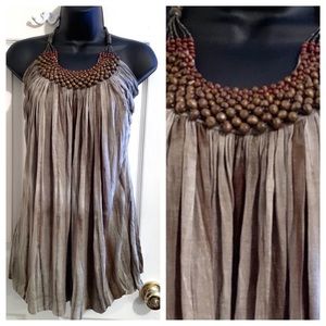 Brown/Green Casual Halter Top w/Wooden Beads Detai